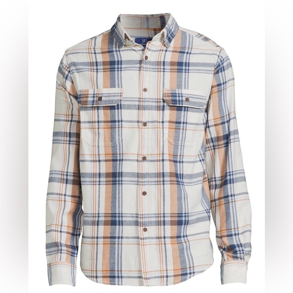 NWT George Men's M Medium Flannel Shirt White Blue Orange Plaid Button Up Soft - Picture 2 of 6